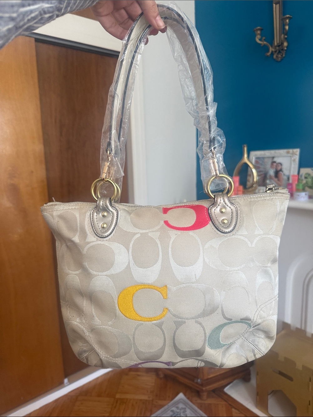 Coach Neutral Signature Tote with Yellow & Pink  'C' Accents